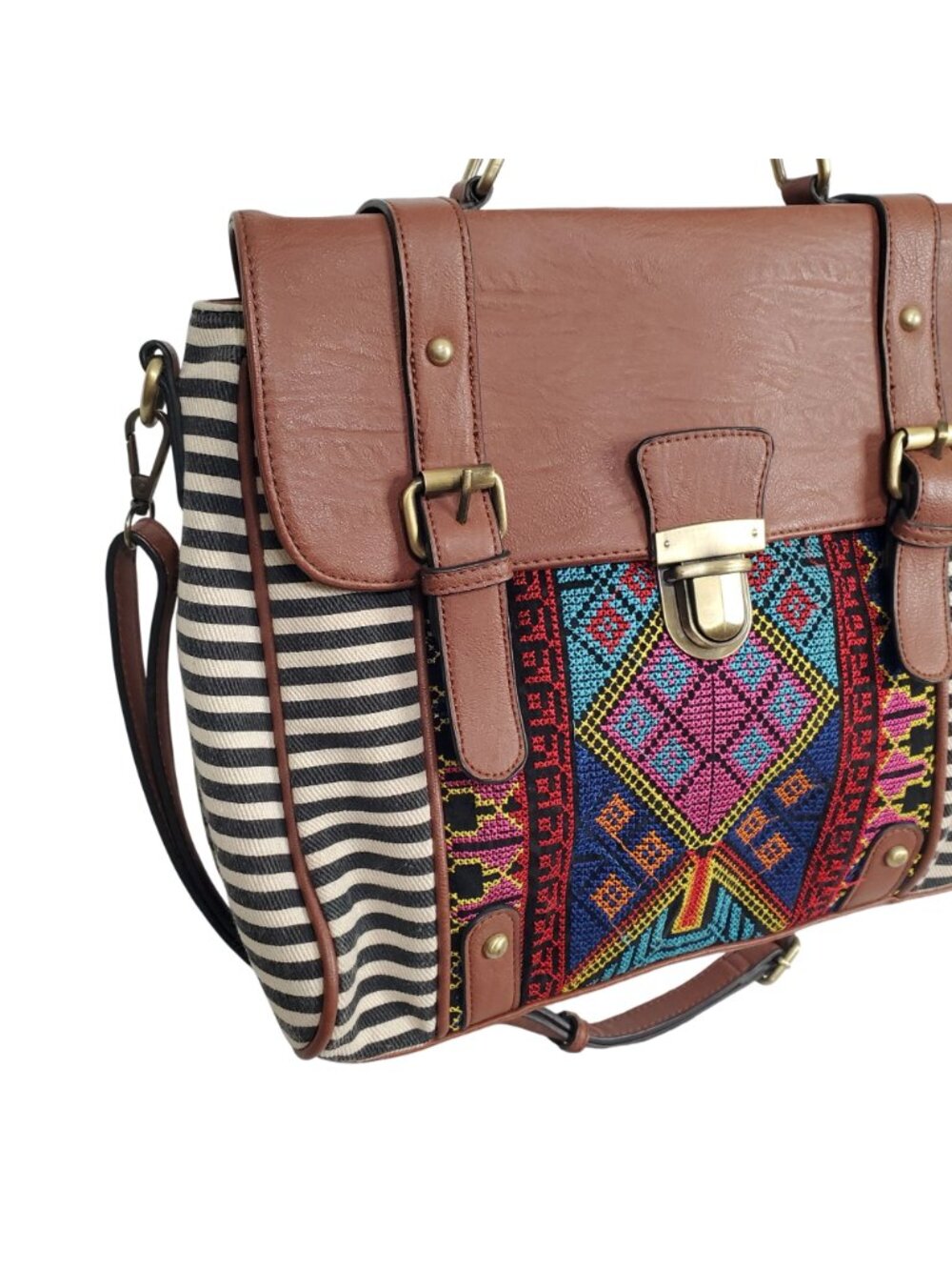 Jen & Co Bag Satchel Striped Aztec Embroidered Vegan Leather Boho Chic Purse - Picture 4 of 16